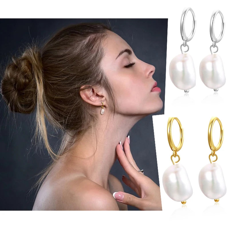 925 Sterling Silver Dangle Earrings 18K Gold Plated Freshwater Baroque Pearl Drop Hoop Earrings for Women