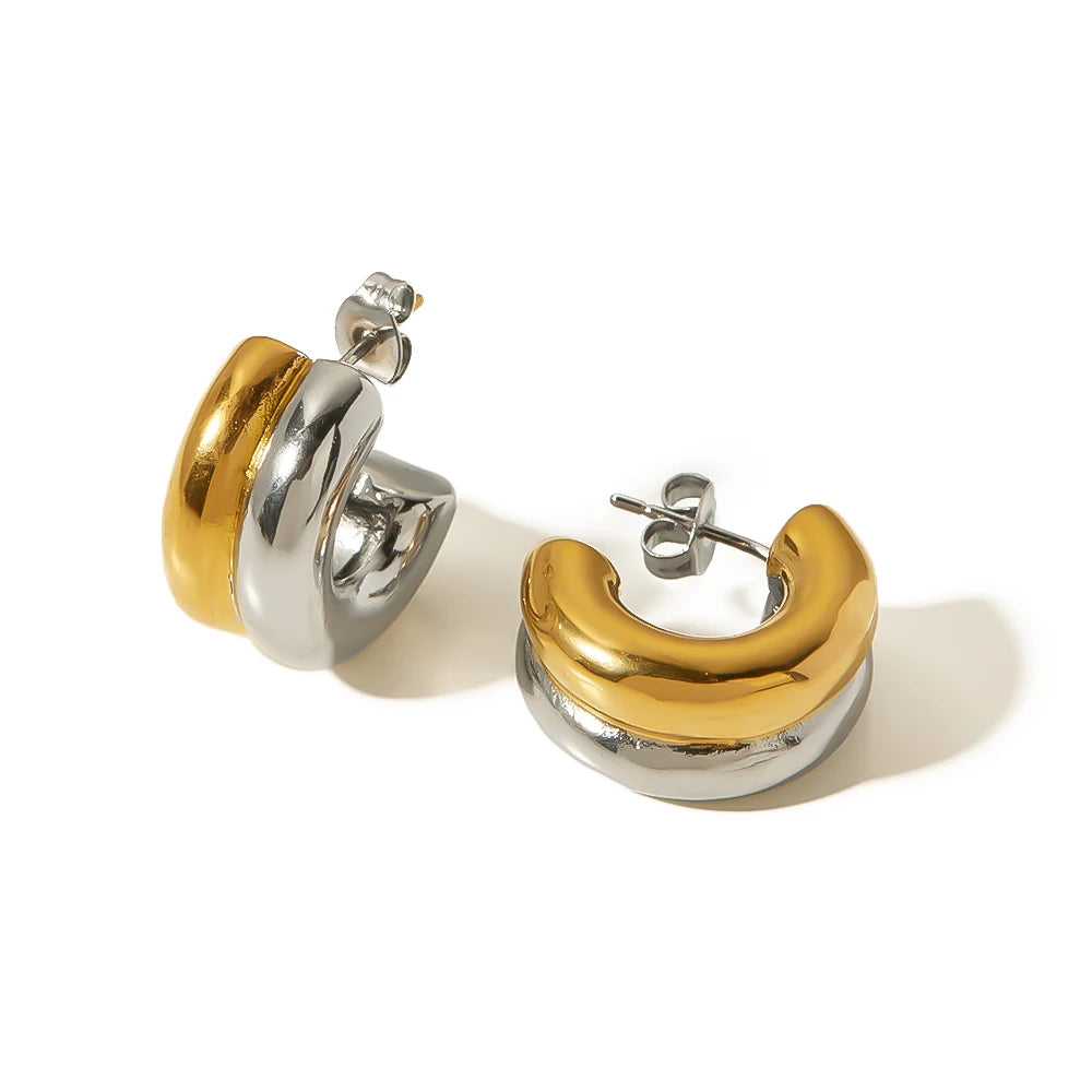 Women's Chunky Stainless Steel 18K Gold Plated Double Layers Minimalist CC Stud Earrings with Mixed Colors