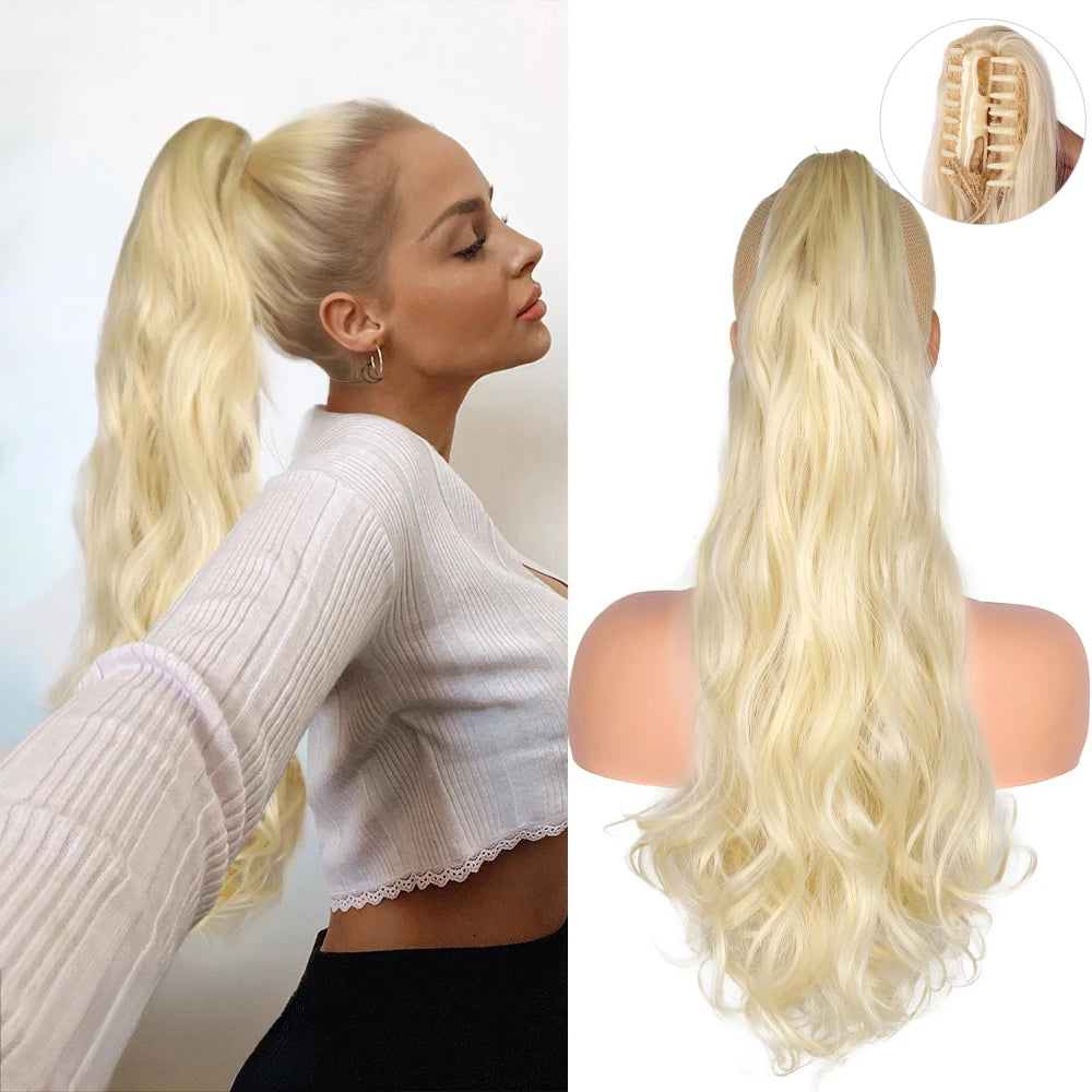 22\" Fluffy Curly Blonde Ponytail Extension Claw Long Synthetic Clip-in Daily Women's Wig Pieces