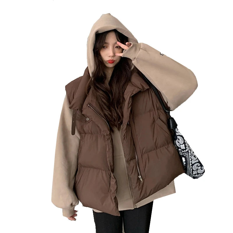 Women's Double Breasted Short Vest Windbreaker Thick Coat Warm Sleeve Short Polyester Lining Casual Jacket