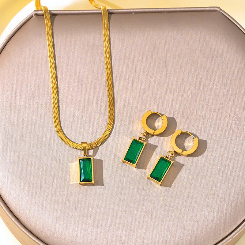 High-Grade Stainless Steel Necklace Earrings Set Fashion Geometric Emerald Blade Design Gold Plated Clavicle Chain for Women