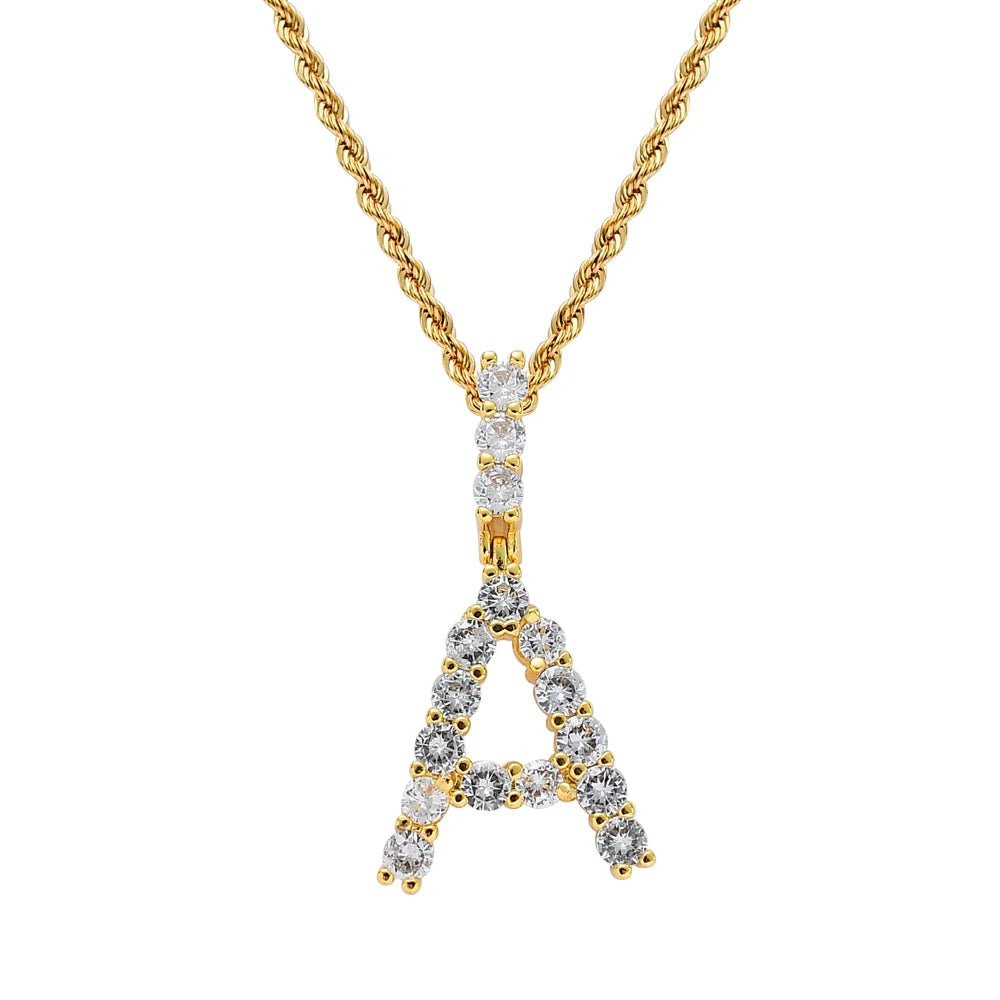 CN193  Small Size Wholesale A-Z 26 Letters Real Iced Out AAA Zircon Bling Bling Brass Setting CZ Pendant Necklace Jewelry