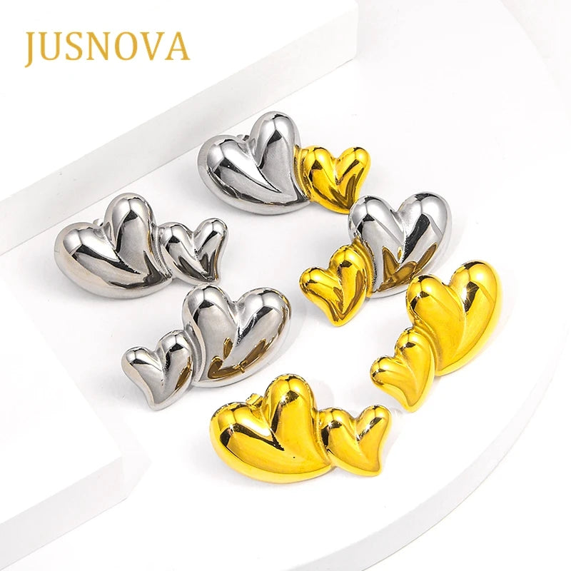 JUSNOVA 18k Gold Plated Stainless Steel Statement Earrings Cute Double Heart Drop Dangle Stud with Zircon Smooth Love Design