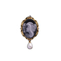 Heizun Victorian Style Blue Agate Cameo Elegant Pendant Brooch S925 Silver Filigree Stone Pearl Brooches With Chain Jewelry