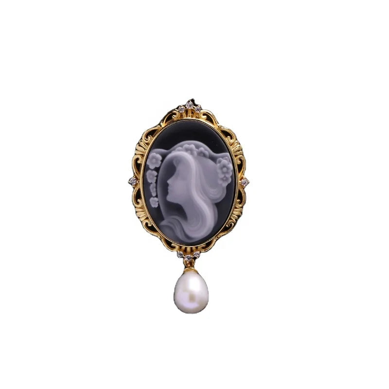 Heizun Victorian Style Blue Agate Cameo Elegant Pendant Brooch S925 Silver Filigree Stone Pearl Brooches With Chain Jewelry