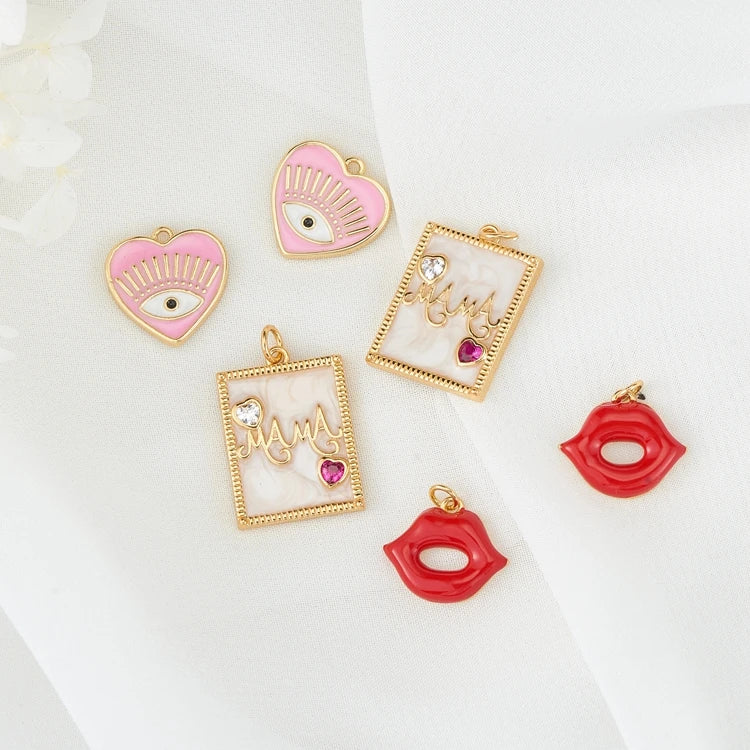Fashion Lady Custom Jewelry Brass Pendants 14K Gold Plated Enamel Heart Shape Evil Eye Red Lips Charms