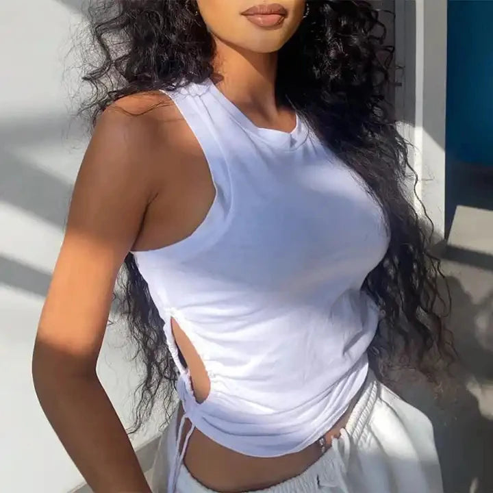 Women Clothing Summer Custom Logo 2 Piece Short Set Drawstring Tank Top Women Sports Biker Two Piece Short Set