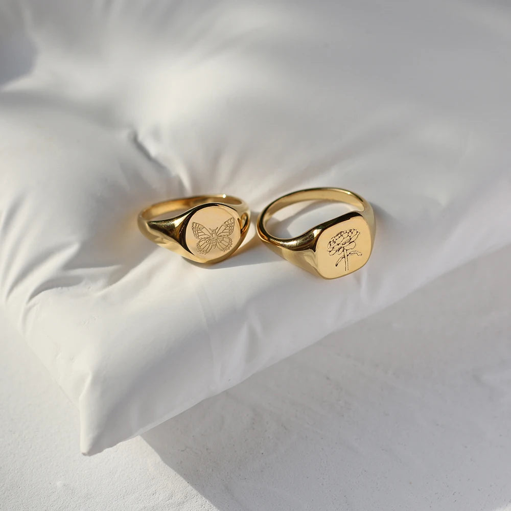 Aretas Wholesale Custom Logo Stainless Steel Rings Chunky Jewelry No Fade 18k Gold Plated Engrave Flower Butterfly Signet Ring