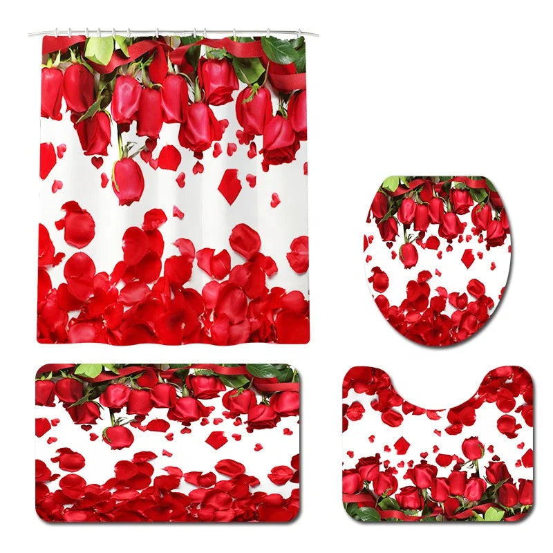 Waterproof Fabric Shower Curtain Liner Red Rose Petals Print Covered Bathtub Bathroom Curtains Set Includes 12 Anti Rust Hooks