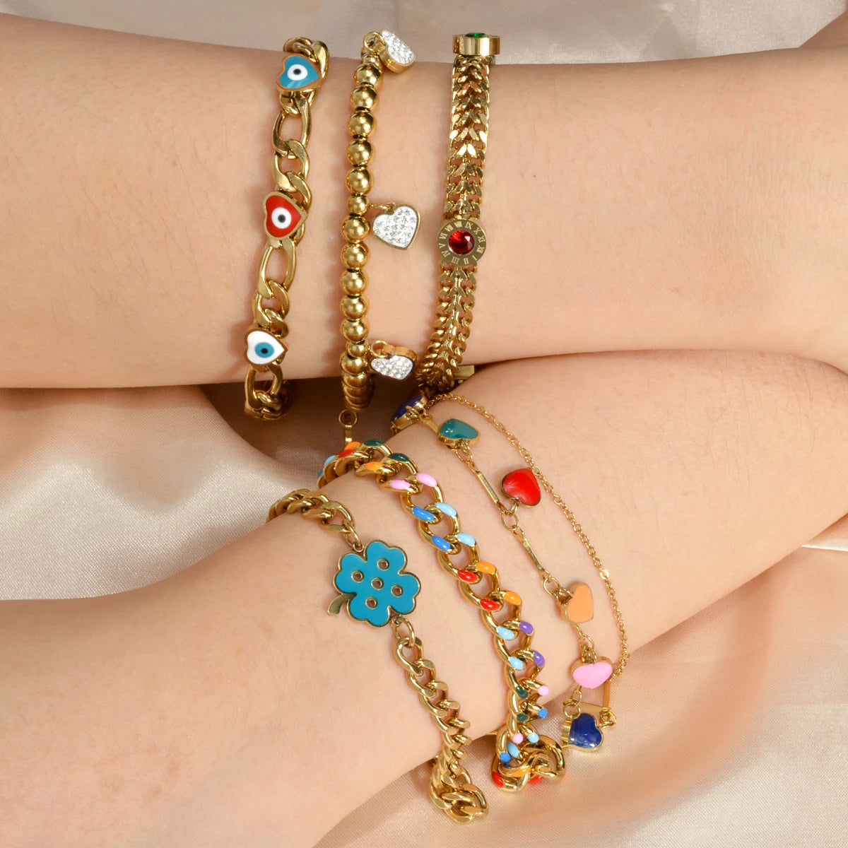 Waterproof Stainless Steel Zircon Heart Eye Lucky Clover 18K Gold Plated Link Chain Bracelet for Women