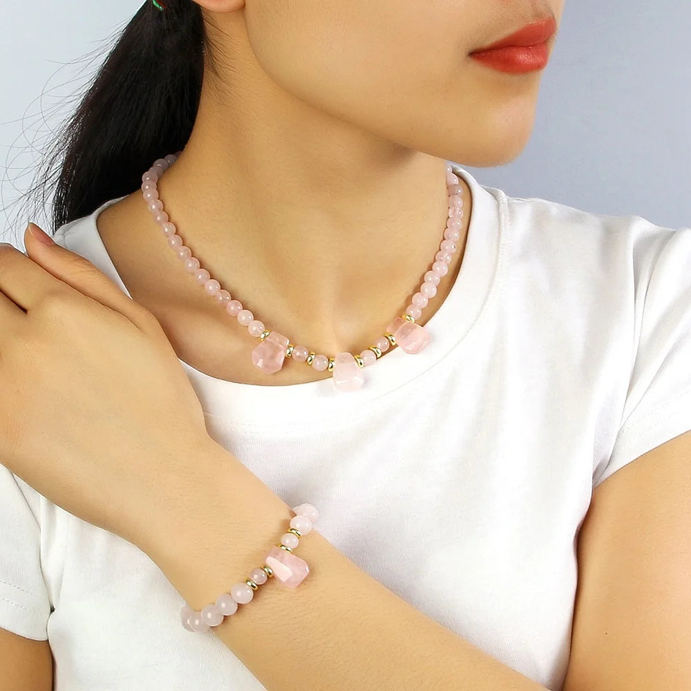 Fashion Bohemian Style Rose Quartz Jewelry Set 6mm Rose Quartz Beaded Short Necklace 8mm Natural Stone Elastic Bracelet