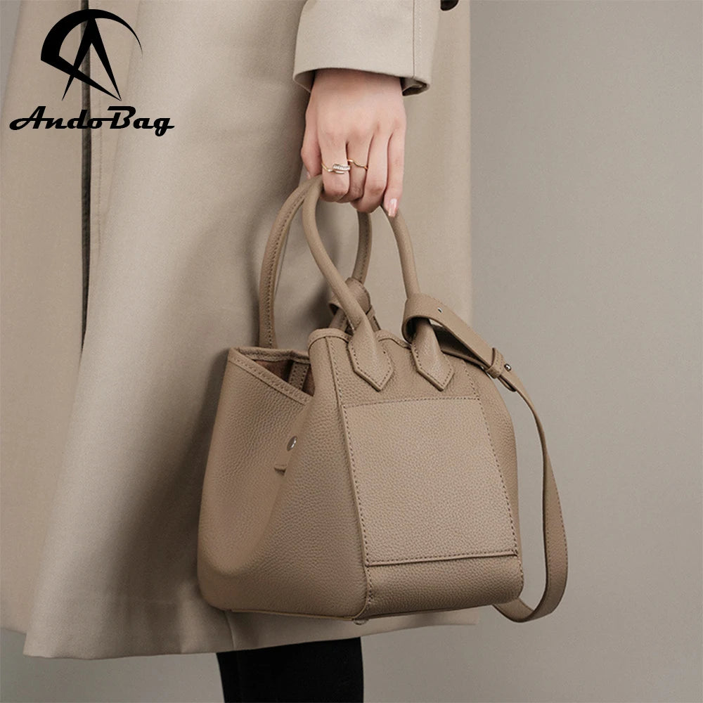 AndoBag Genuine Cow Leather Handbag for Women Fashion Bucket Bags Portable Commute Shoulder Crossbody Bag 2271