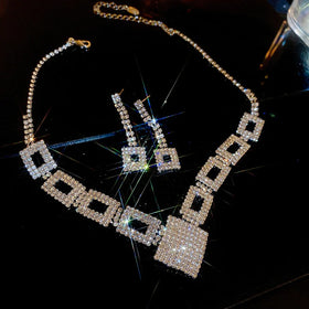 Fashion Luxury Full Diamond Rhinestone Hollow Square Earrings Necklace Crystal Jewelry Wedding Sets for Women (KJ087)