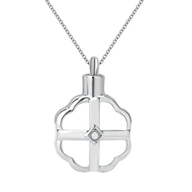 Vintage Christian Hollow Four Leaf Clover Stainless Steel Lucky Cremation Ash Pendant Urn Necklace Keepsake Jewelry Memento