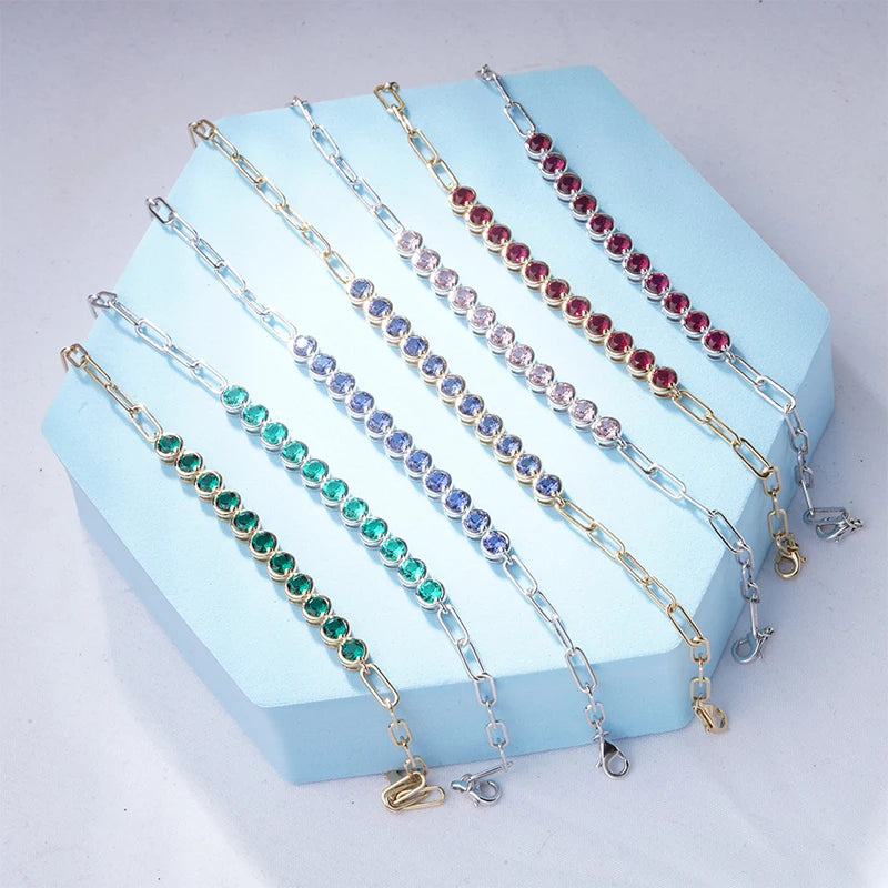 14K Solid Gold Wholesale Starsgem Round Shape Lab Grown Gemstone Luxury Engagement Jewelry Emerald Ruby Alexandrite Bracelet