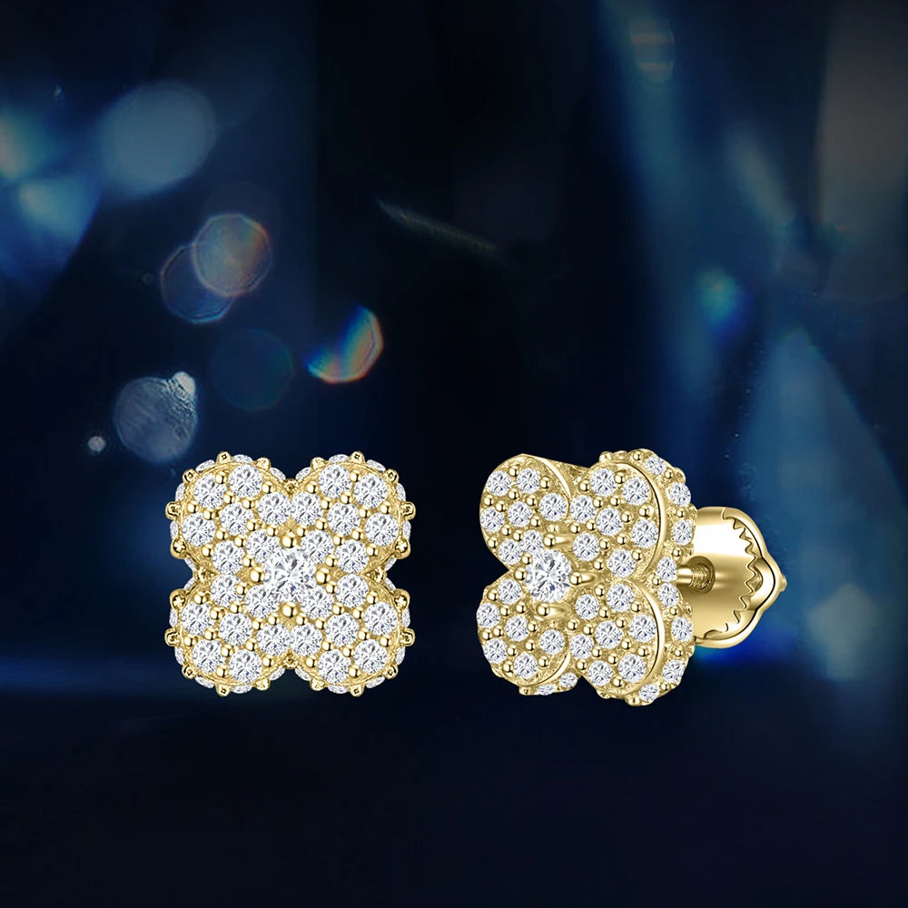 Hot Selling 14K Gold Plated 925 Sterling Silver Fine Stud Earrings Lucky Four-Leaf Clover Shape High-End Jewelry Moissanite