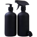 Black Coated Glass Boston Round Bottles with Flat Caps Soap Pump and Spray Mister Nozzle - Set of 2 16 Ounce Jars
