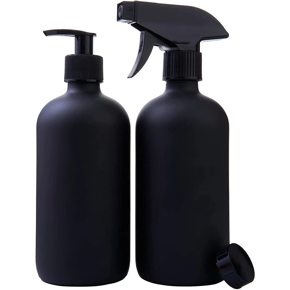 Black Coated Glass Boston Round Bottles with Flat Caps Soap Pump and Spray Mister Nozzle - Set of 2 16 Ounce Jars