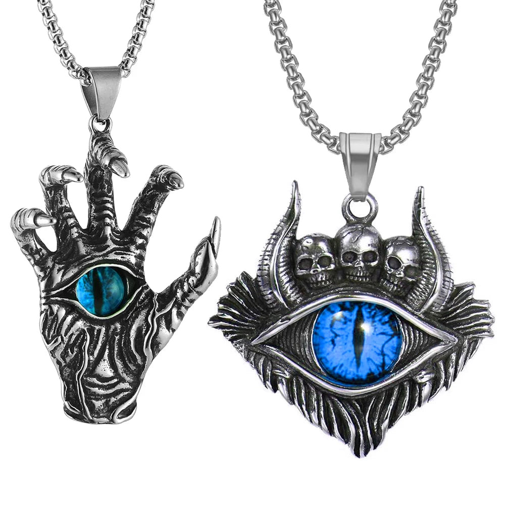Gothic Punk Oxhorn Skull Necklace for Men Women Protection Evil Eye Demon Bull Horn Skull Medal Pendant David Star Hand Necklace