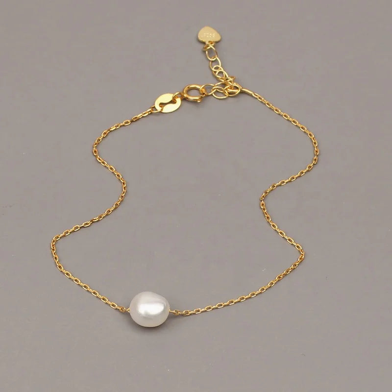 Solid 925 Silver 18k Gold Plated Chain AAA Baroque Natural White Real Pearl Romantic Cuff Bracelet for Women Wedding