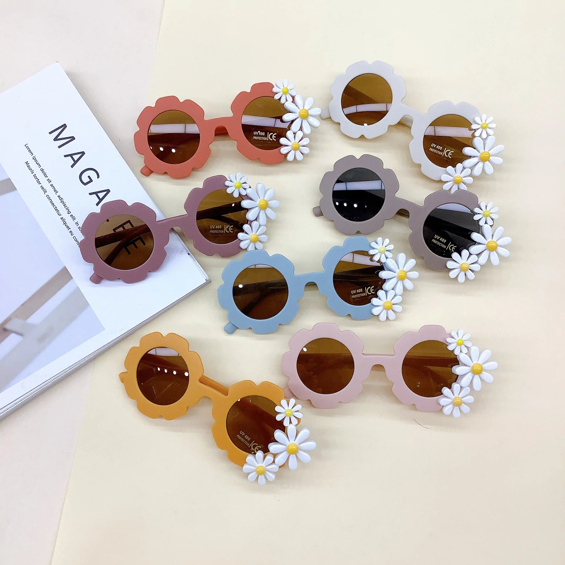 202 New Sun Flower Round White Pink Kids Sunglasses UV400 PC Frame Unisex for Boys Girls Toddler