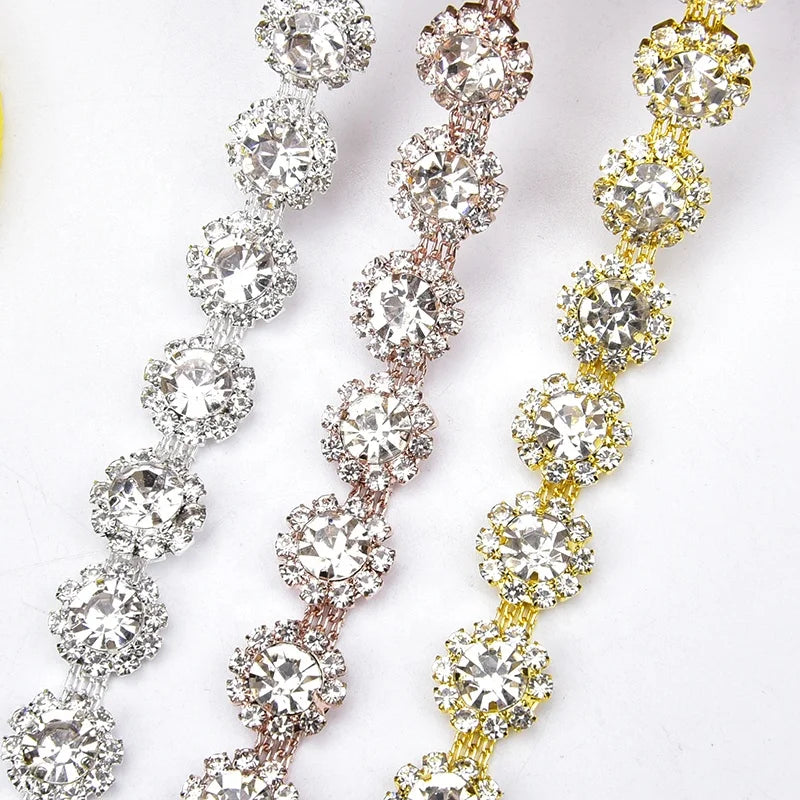 12mm Rose Gold/Silver Glass Rhinestone Trim Applique Crystal Flower Metal Cup Chain for Bikini Shoes Bags
