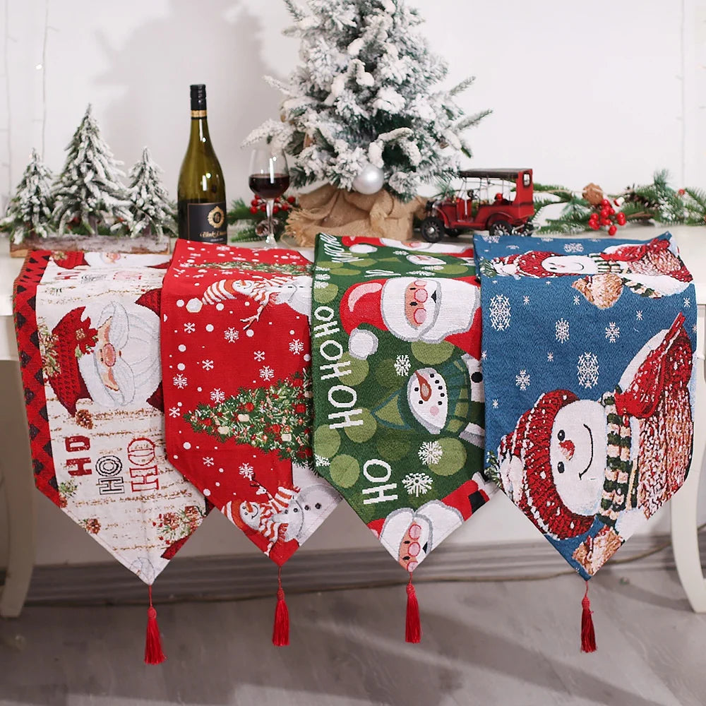 New 180 CM Cartoon Santa Claus Snowman Tablecloth Table Decoration Knitted Tassel Cartoon Christmas Table Runner Tablecloth