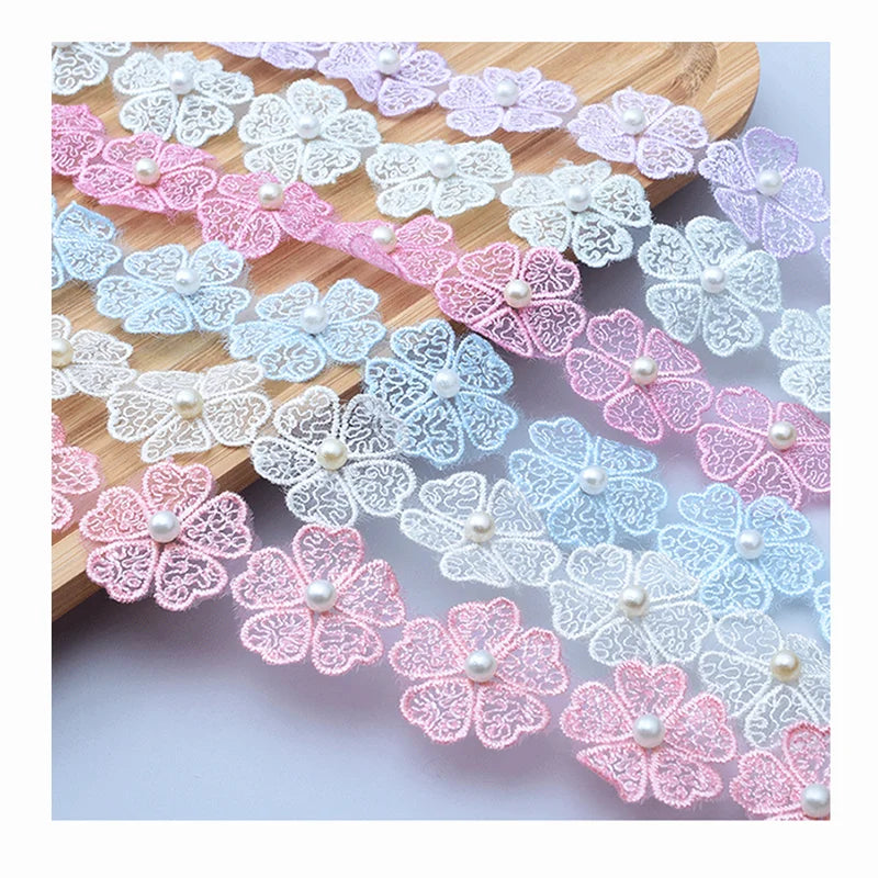 Sewing Lace for Dress Pearl Organza Embroidery DIY Garment Accessories Handmade love Five-leaf Lace Flower Beaded Lace