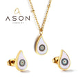 Ason Fashion Stud Stainless Steel 18K Gold Plating Men Ladies Round Eye Teardrop Necklace and Earrings Jewelry Sets for Women