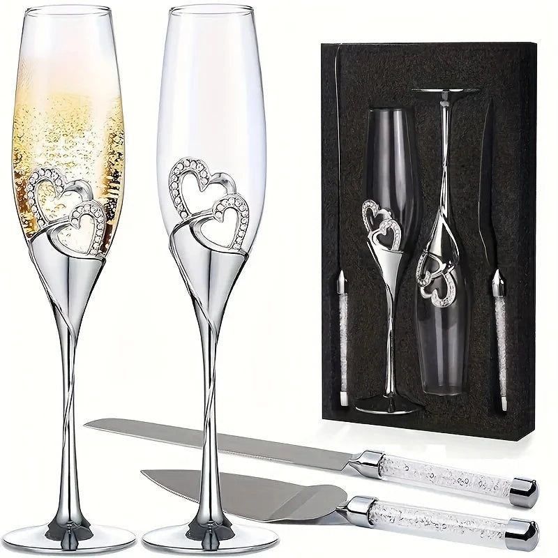 4pcs Set Golden Silver Crystal Luxury Wedding Champagne Flutes Goblets Glasses Cake Knife Server Set for Party Wedding Gift