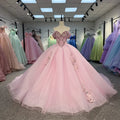 Pink Sparkly Lace Applique 3D Flower Quince Dress Off the Shoulder Dy6756