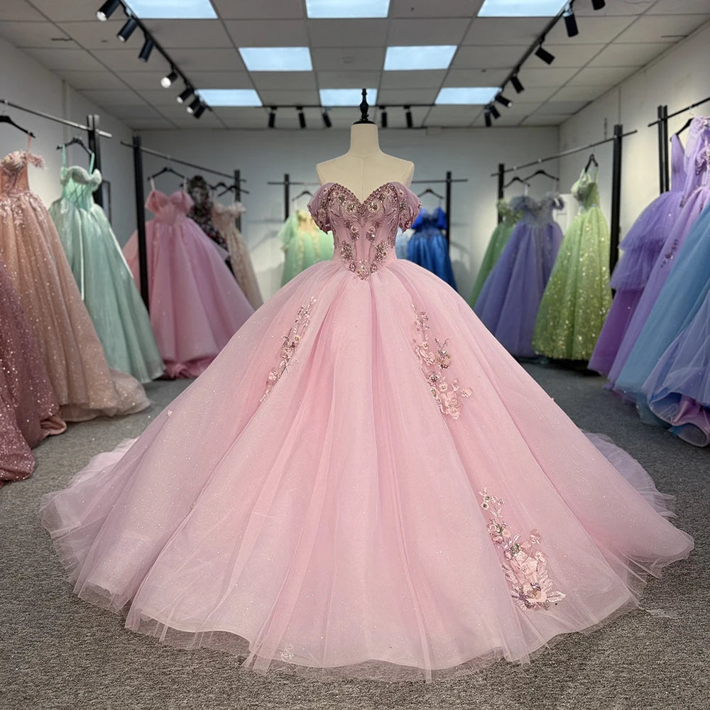 Pink Sparkly Lace Applique 3D Flower Quince Dress Off the Shoulder Dy6756