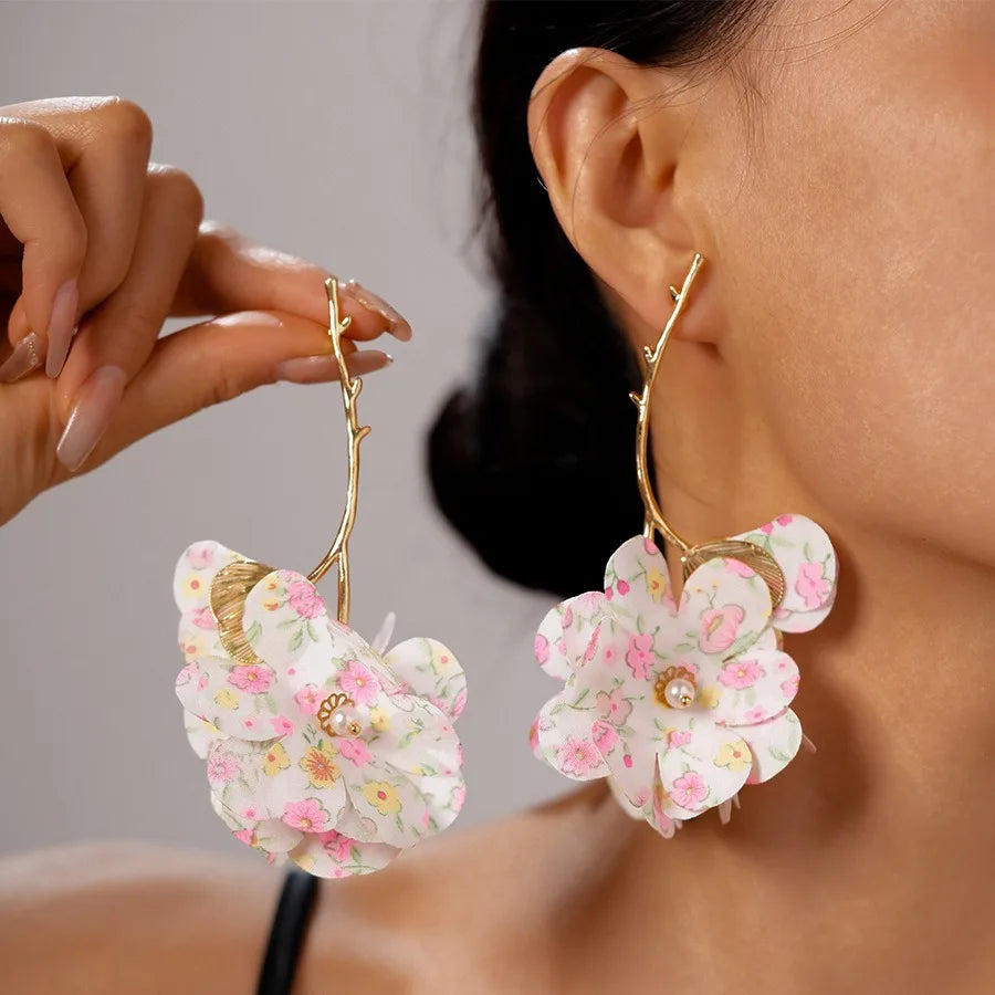 Trendy Super Fairy Chiffon Flower Branches Unique Women's Embellished Alloy Imitation Pearl Drop Earrings Fashion Accessory