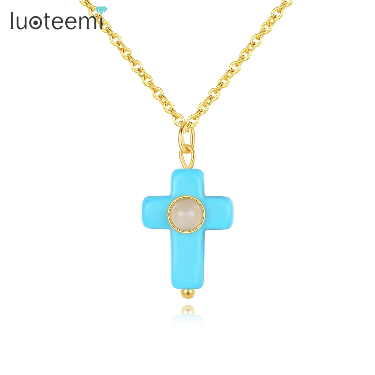SP-LAM Natural Turquoise Stone Pendants & Charm Fashion Trendy Statement Woman Gold Plated Cross Pendant Necklace Jewelry