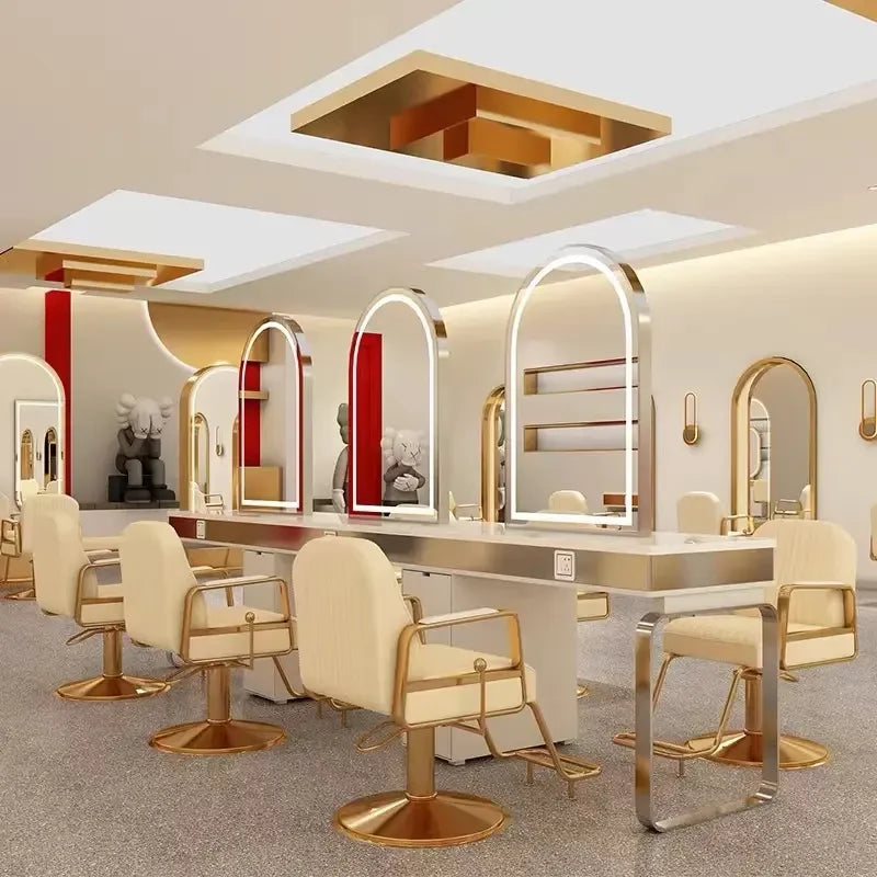 Portable Stainless Steel Frame Barber Styling Station Modern LED Hair Salon Mirror with Glass Table