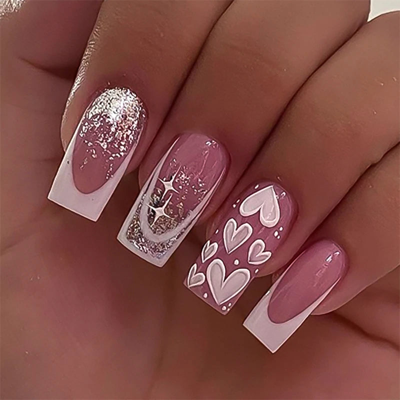 Dropshipping 24 Pcs 3770 Chic Pink and White Nail Tips with Heart Glitter Designs Square Press on Nails Artificial Fingernails