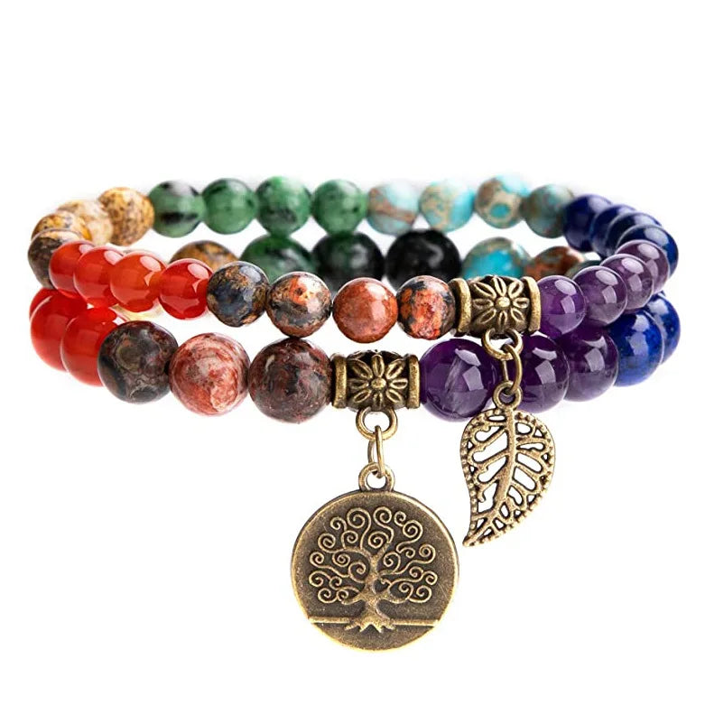 Semi-precious Gemstone Beads Bracelet Stretch Bracelet Tree of Life Leaf Charm Energy Healing Reiki Crystal Natural for Women MegaBDM