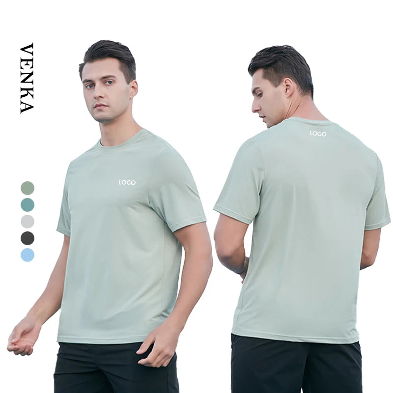 Custom Logo Men's Loose Neck Gym Wear Quick Dry Breathable Solid Color Sports Short Sleeve Running Fitness Mesh T-shirt for Men