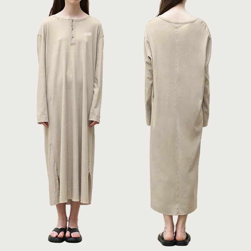 L800857 Custom Logo Women Sweater Maxi Dress Long Sleeve Button O Neck Oversized Casual Loose Knit Sweater Dress
