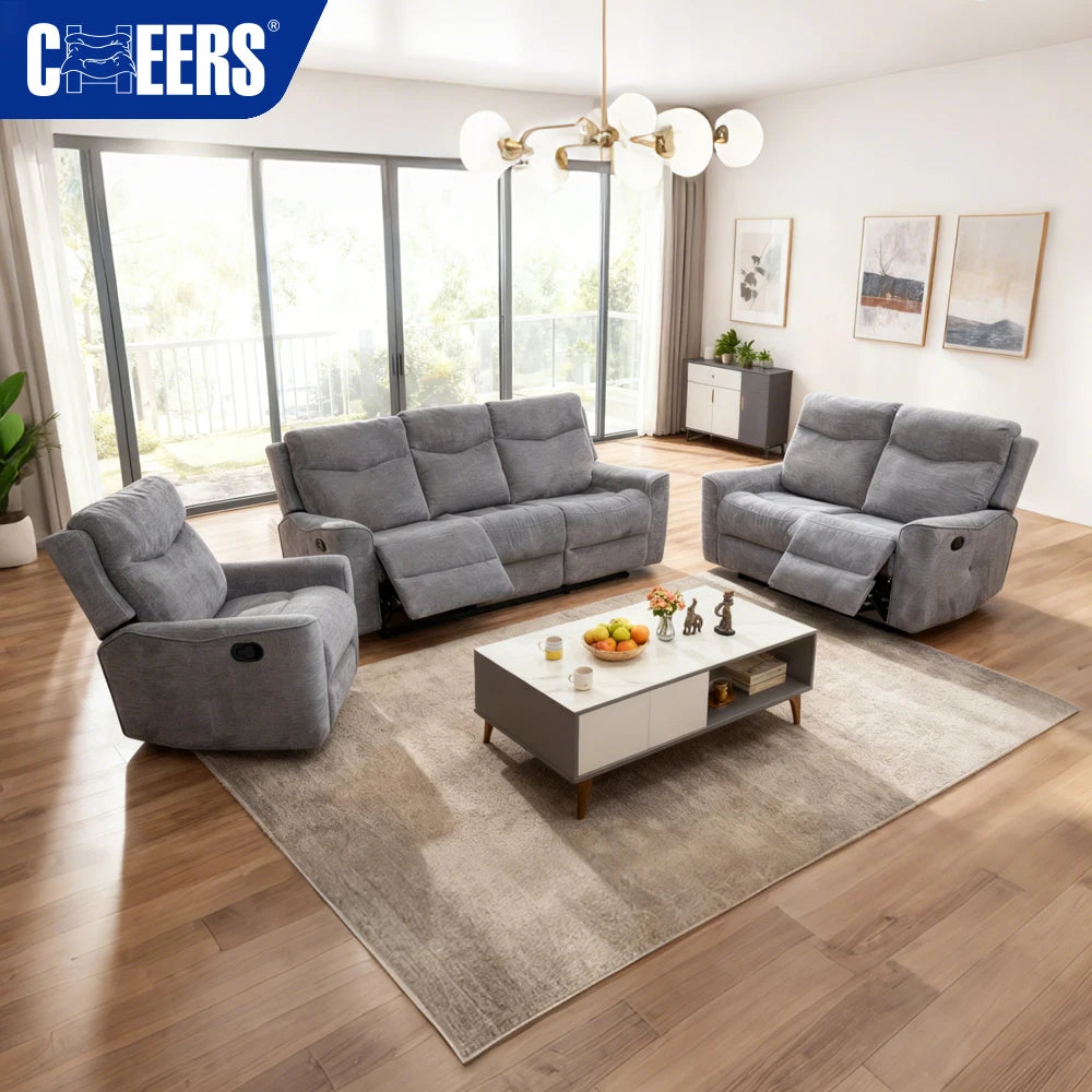 MANWAH CHEERS Modern Wood Frame Extendable Fabric Manual Reclining Sofa 3+2+1 Recliner Sofa Set