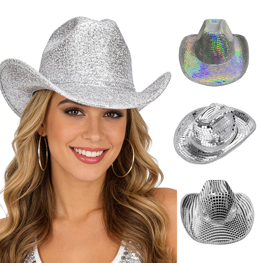 Custom Silver Disco Cowgirl Cowboy Hat - Western Cowboy Hat for Beach Party Music Festival Dress-U (S/M)