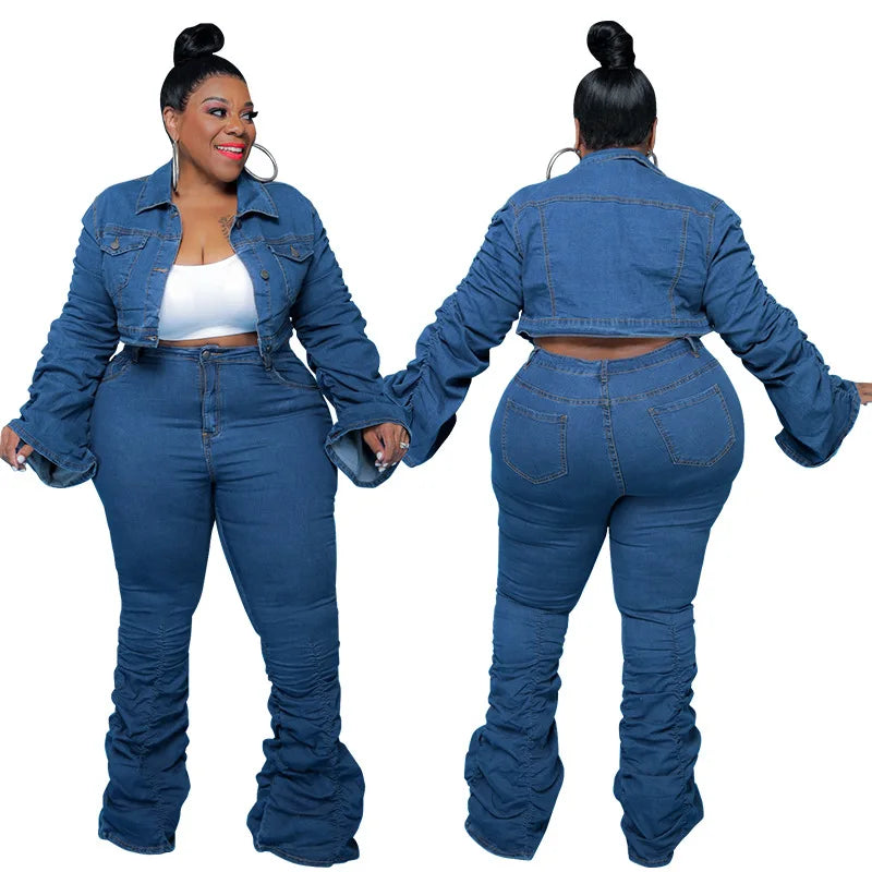 YQY21807 Autumn and Winter Plus Size Womens Clothing Long Sleeve Denim Coat and Stacked Two Piece Jeans Pants Set
