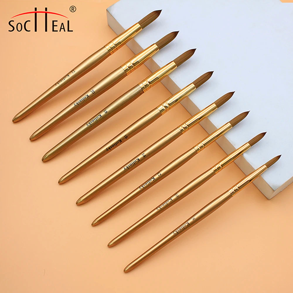 Gold Wood Handle Gold Ferrule 100% Premium Kolinsky Acrylic Nail Brush Size 2 to Size 24 Round Type Crimped Type