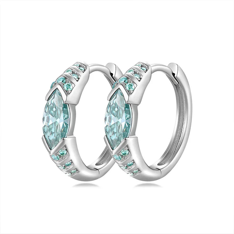Aimgal GRA Certified Unique Cyan-Green Moissanite Hoop Earrings Horse Eye Cut D-VVS1 in S925 Silver Plated 18K Gold