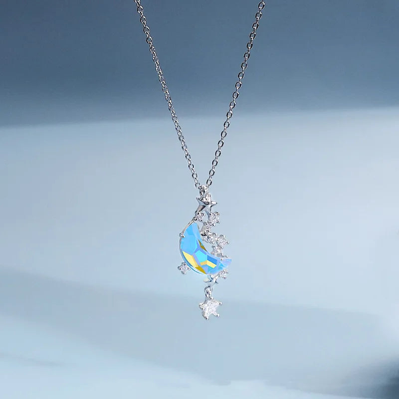 Korean Light Luxury Colorful Stainless Steel Necklace Silver Star ZIrcon Diamond Moonstone Necklace for Women