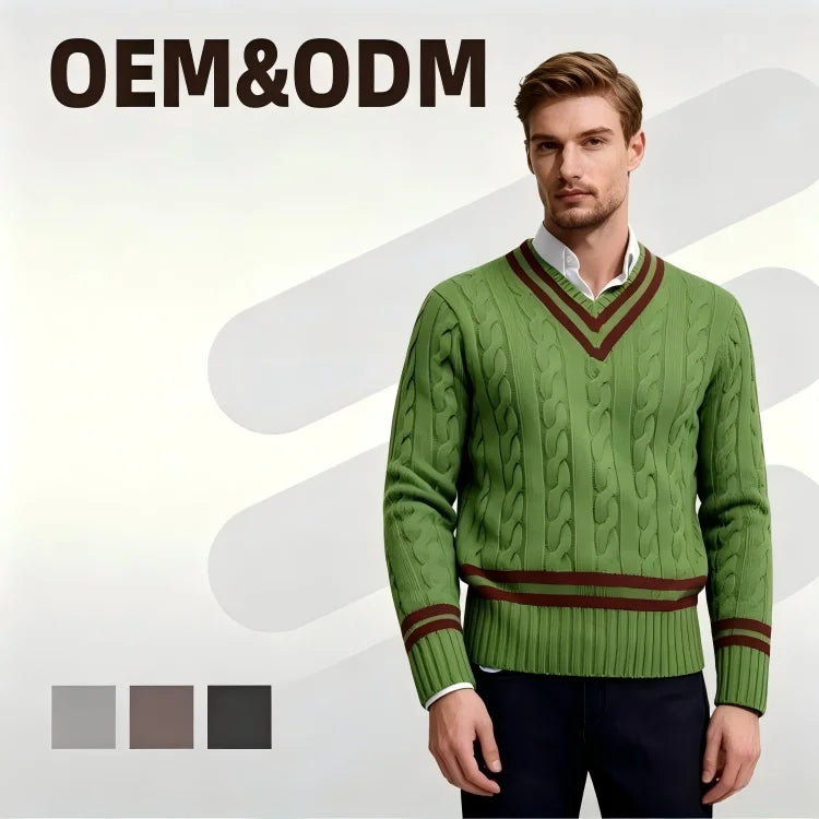 New Special Design Custom Popular Men's Winter V-neck Sweaters Knitted Casual Cable Sweater