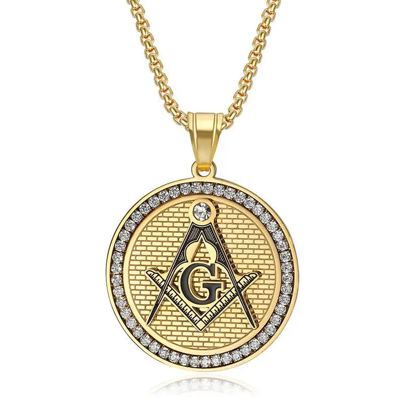 America Stylish Fashionable Mens Cool Black Gold Bikers Stainless Steel Jewellery Freemason Masonic Necklace