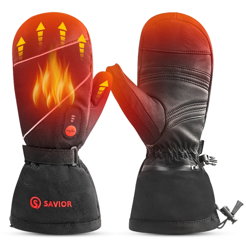 Goat-skin Leather Winter Heated Mitten Waterproof  7.4V Rechargeable Battery Heating Snowboard Heated Ski Gloves