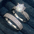 Trendy Shining 2pcs/Set Six Claws Solid Round Diamond Ring Iced Out Cubic Zirconia Wedding Rings Set for Engagement