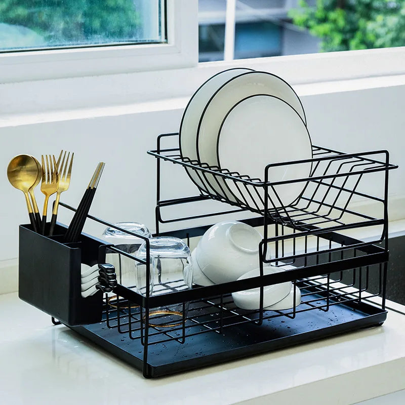 Double Layer Iron Kitchen Plate Dish Drainer Racks With Water Tray
